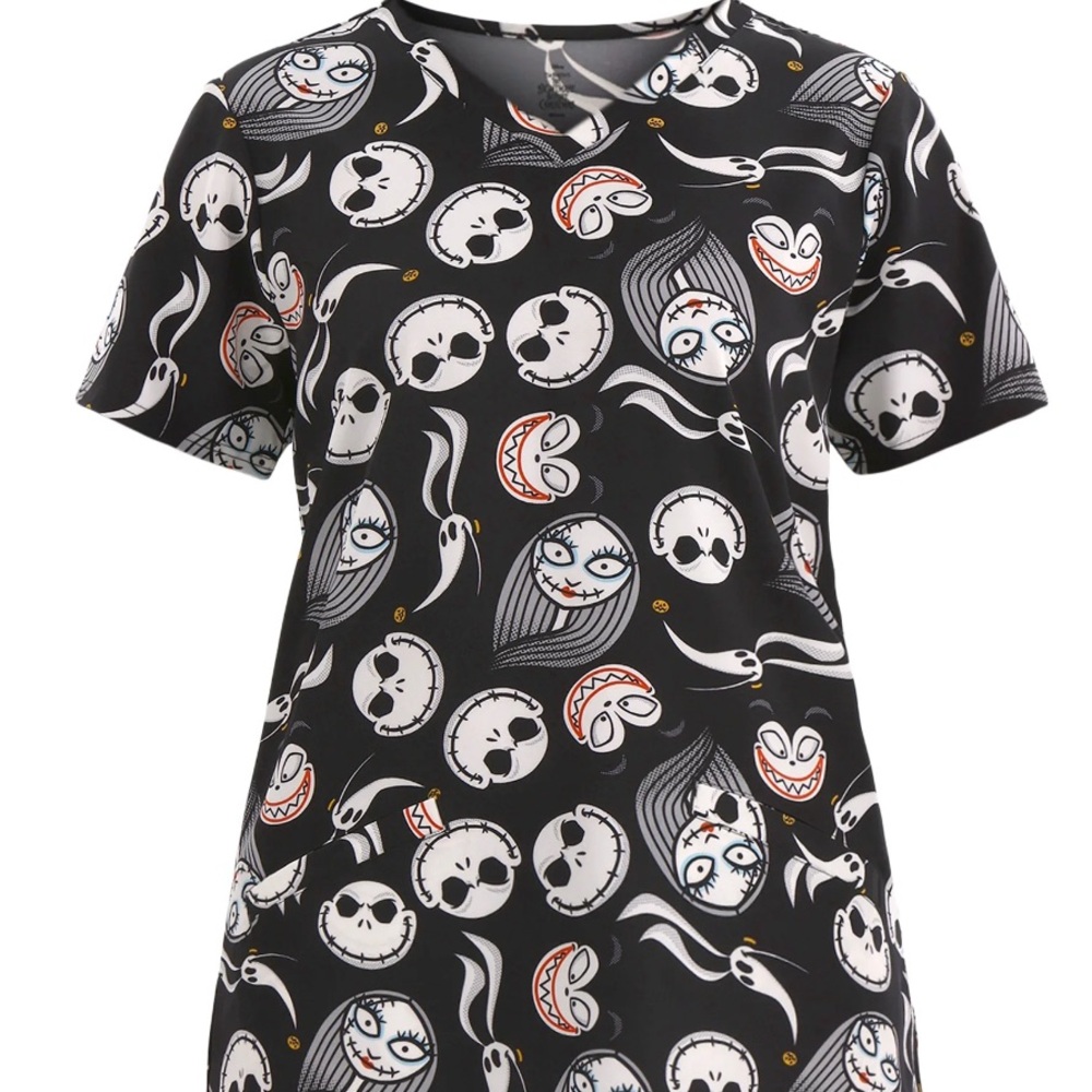 Nightmare Before Christmas Women's Graphic Scrub Top, 2 Pockets Size 3XL New